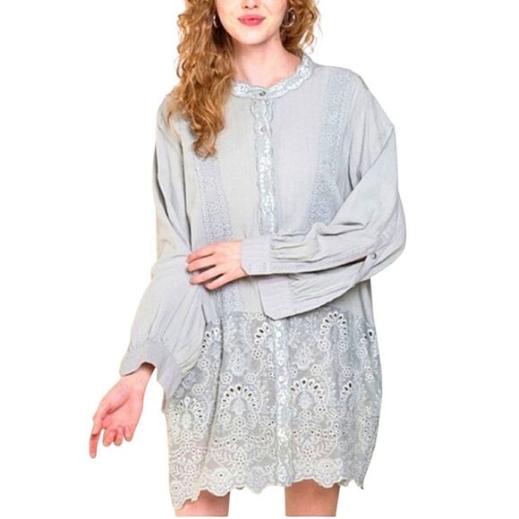 NWOT POL "See You at the Horse Range" Relaxed Fit Lace Eyelet Tunic Button Up L - Picture 1 of 12